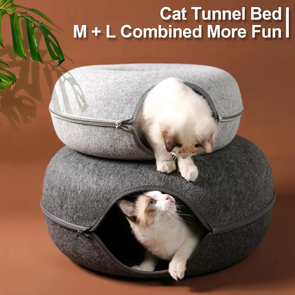 Cat Tunnel,Peekaboo Cave Bed for Indoor Cats,Donut Tunnel for Pet Cat House,Detachable Round Felt & Washable Interior Play Tunne