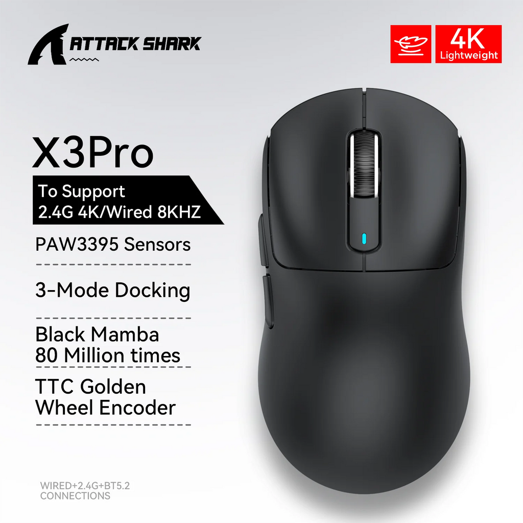Геймърска мишка Attack Shark X3 Bluetooth, PixArt PAW3395, 26000dpi, 2.4g безжична трирежимна връзка, лека макро мишка
