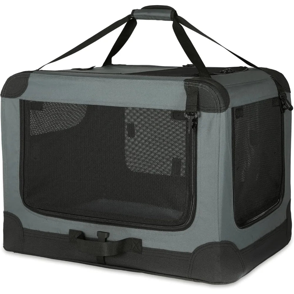 4-Doors Portable Soft-Sided Folding Travel Crate Kennel for cat, Dog, and Other Small Animals, Grey, M 30 x 21 x 2
