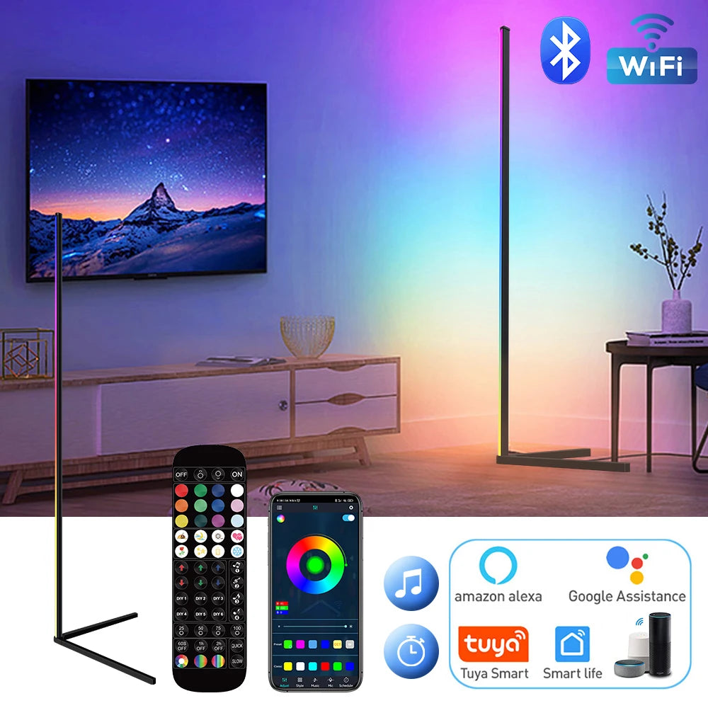Smart Tuya Corner Floor Lamp RGBIC+W Living Room Dimmable Stand Lights Mood Lighting Alexa Bedroom Gaming Living Room Decor