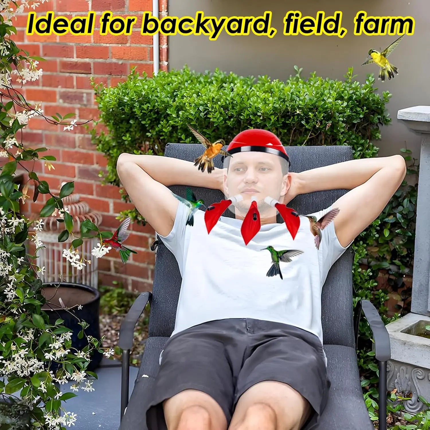 Hummingbird Feeder Helmet|Hands-Free Bird Feeder for Adults|3 Feeding Ports Design|Adjustable Headband 18"-24"|Lightweight PVC