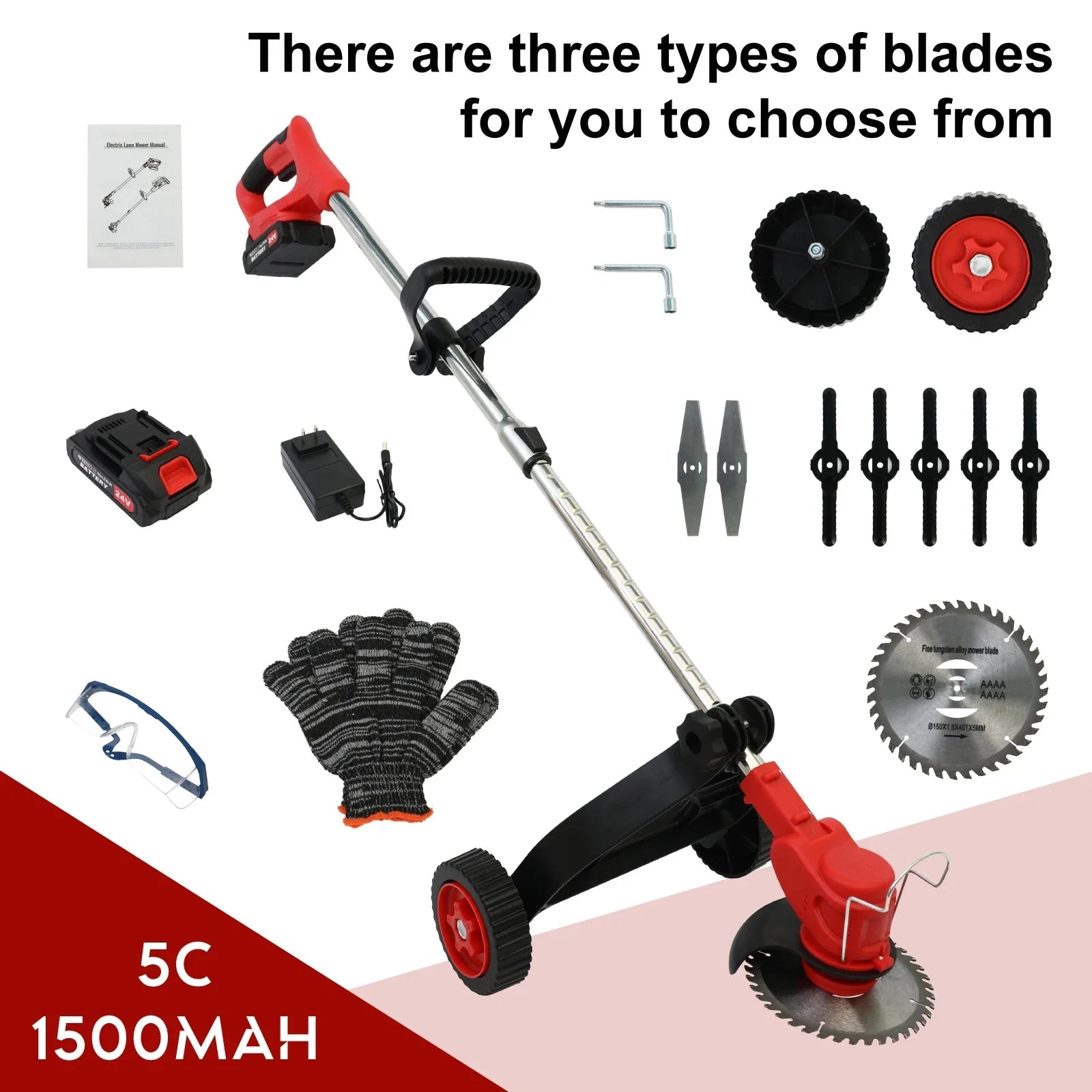 Cordless Weed Trimmer Edger Electric 21V 5C 1.5Ah Lithium Battery US Charger with Wheel Brush Cutter for Lawn Care Garden Work