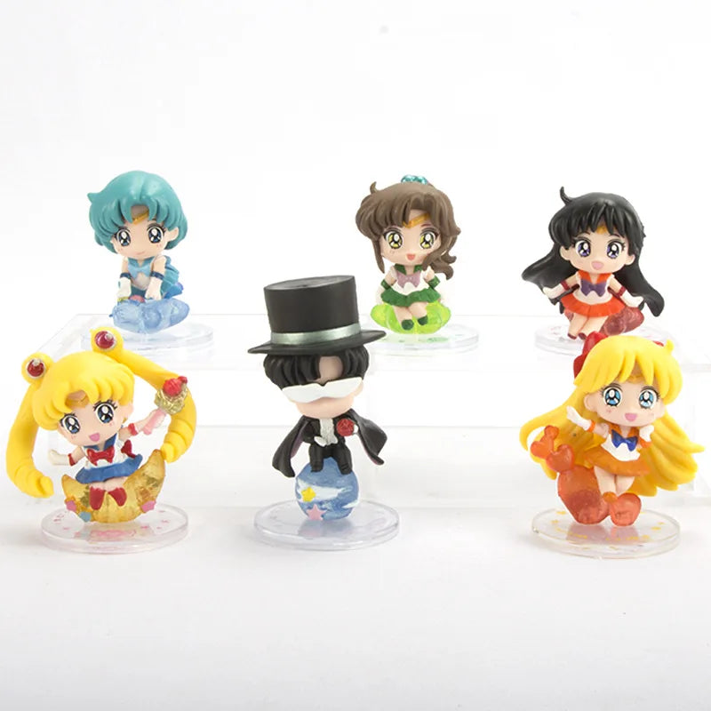 6Pcs/1Set Anime Sailor Moon Tsukino Usagi Cat Dressing Set Mizuno Ami Toy Desktop Ornament Kino Makoto Action Figure PVC 4CM