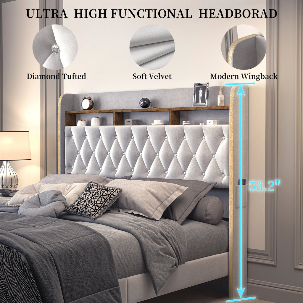 Queen-Bettrahmen mit LED-Beleuchtung, Stauraum, Sternenprojektor, Ladestation, 2-stufigem Kopfteil, PU-Lederbett