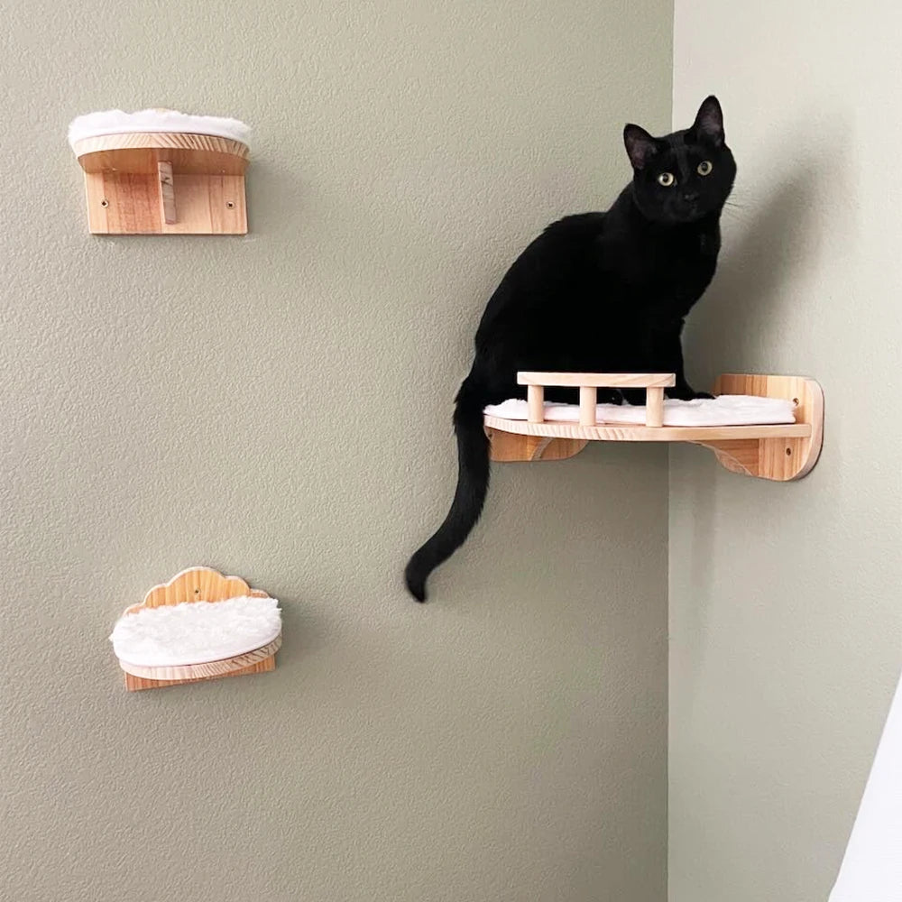 Cat Wall Wooden Climbing Bridge or Cat Hammock and Jumping Platform with Scratching Post Stairway Ladder for Cats Play