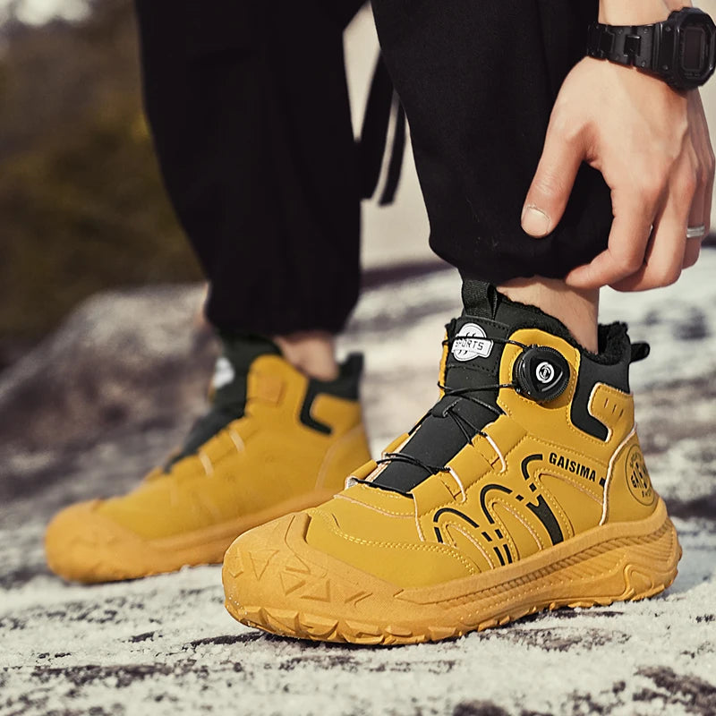 Hot Sale Winter Trekking Boots Men Yellow High top Hiking Shoes Men Work Sneakers Warm Fur Outdoor Boots Men Motorcycle Shoes