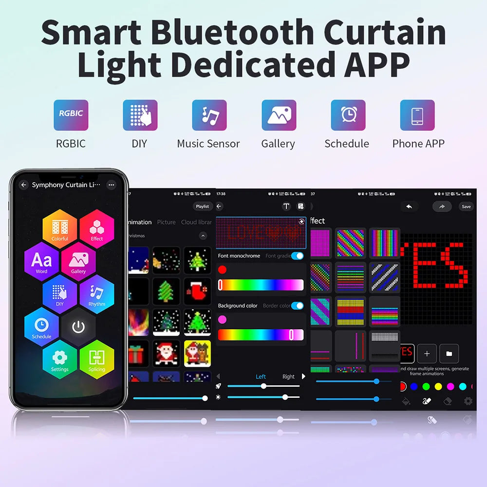 Smart Curtain Lights Bluetooth App Control RGB LED String Waterproof Fairy Light USB DIY Text Pattern Display Party Room Decor