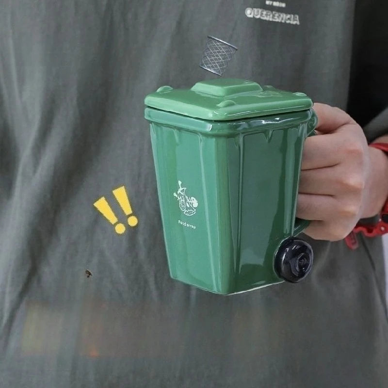 Funny Trash Can Ceramic Mug, Trendy Green Office Coffee Mugs, Breakfast Milk Oat Cups, Couple Water Cup,Birthday Gift Kawaii Cup