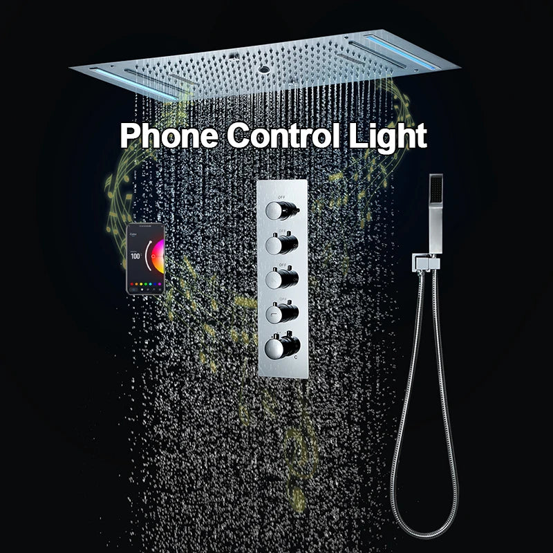 M Boenn 4 Functions Shower System Set Embedded Ceiling 638*338mm LED Shower Head Rainfall Bathroom Faucets Thermostatic Diverter