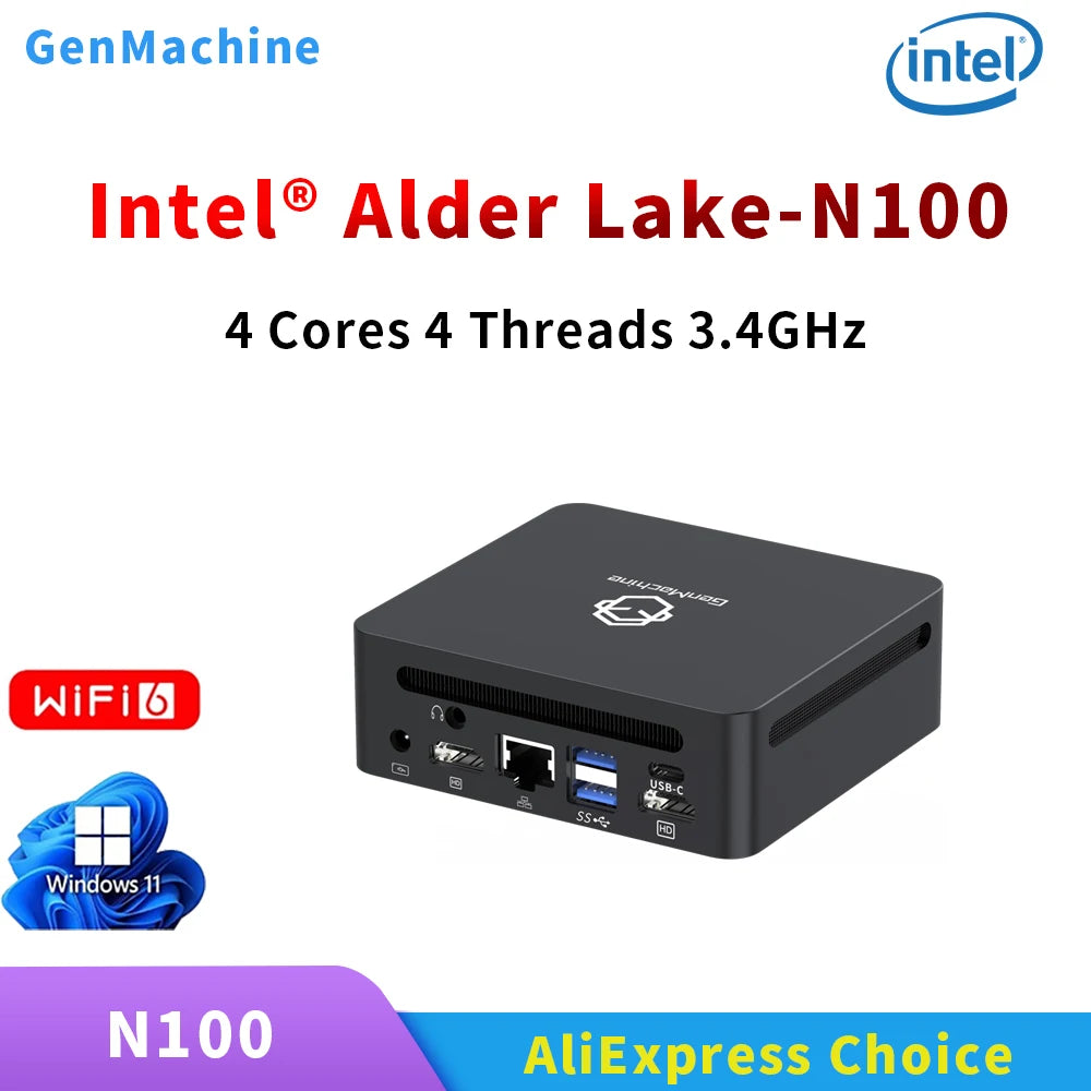GenMachine Intel N100 Diy Gaming Computer 3.40 GHz 6W Gaming Mini PC 4 Cores, 4 Threads Window 11 M.2 WIFI5 DDR4 PC Gamer BT 5.2