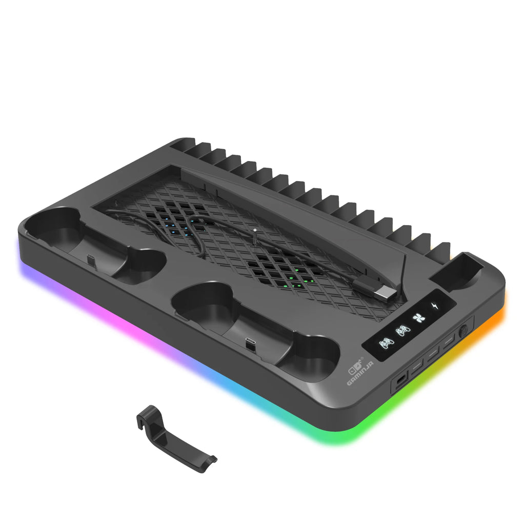 GAMINJA RGB Cooling Base Gamepad Charging Stand For PS5 Console Holder Headset Hook Game CD Storage Rack For PS5 Disc & Digital