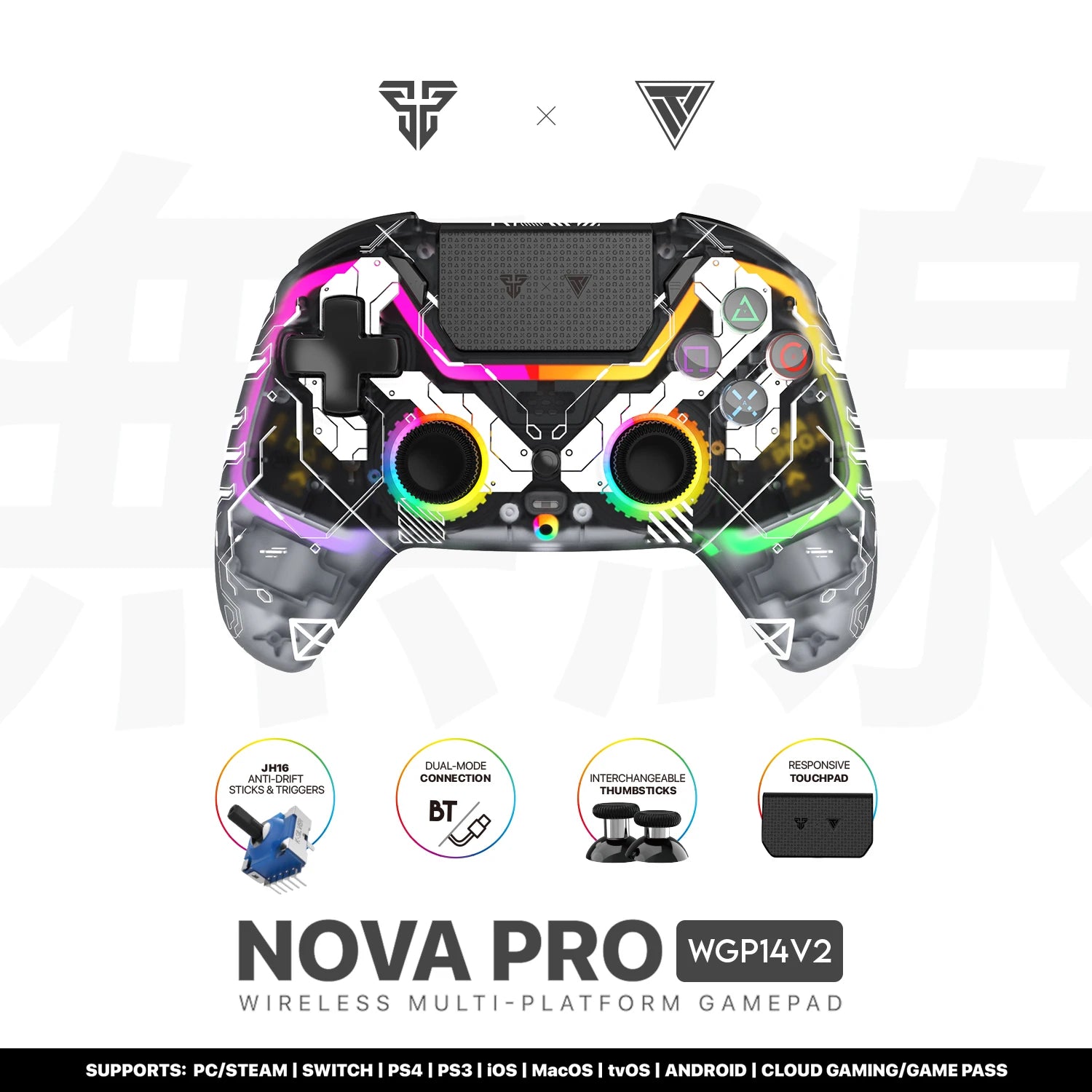 FANTECH NOVA PRO WGP14V2 Gaming Controller Anti-Drift Hall Effect Sticks and Force-switchable Tirgger Wireless Gamepad for PS4