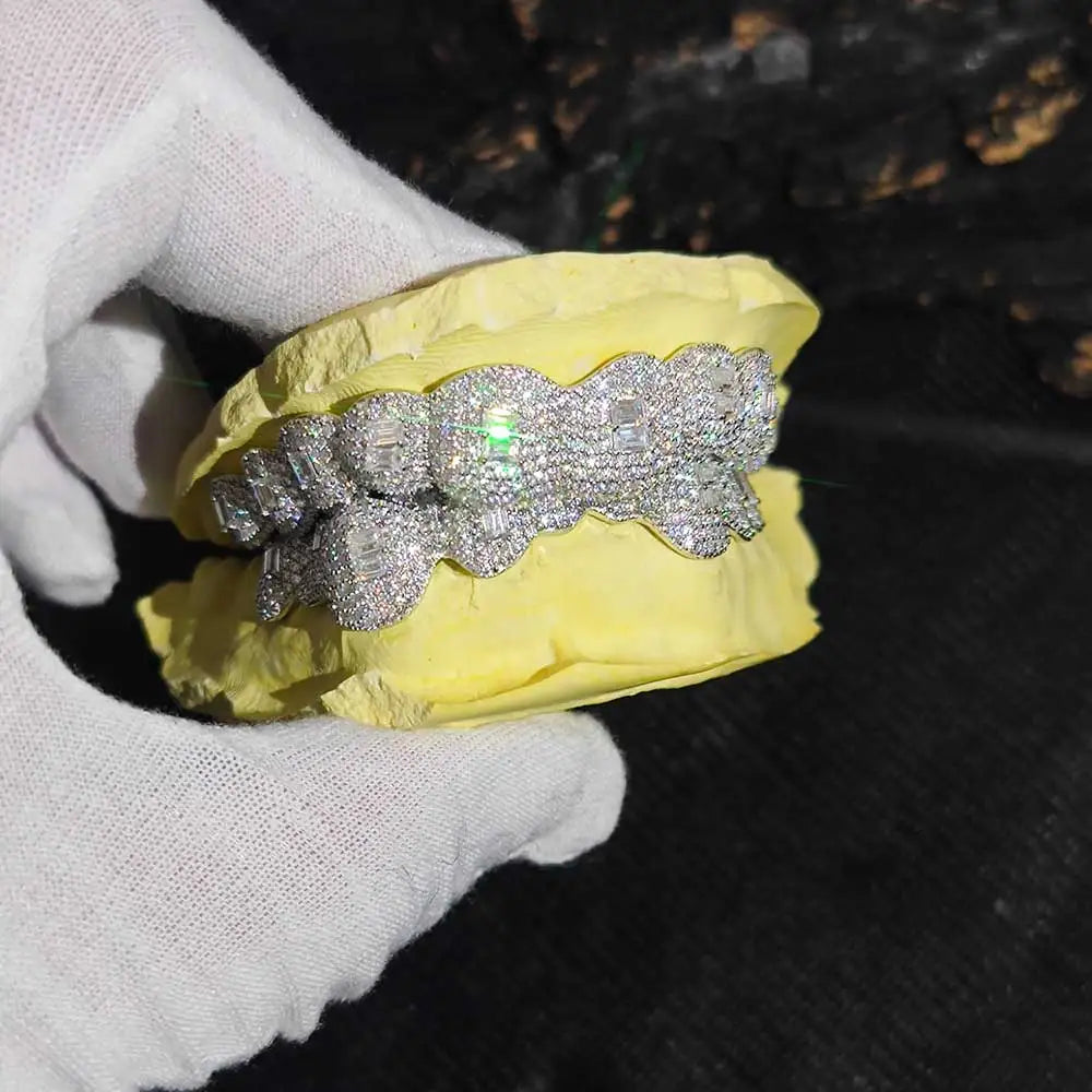 Custom Made Sterling Silver Rectangle Diamond Teeth Fine Jewelry Deep straight Cut VVS Moissanite Diamonds Teeth Mouth Grillz