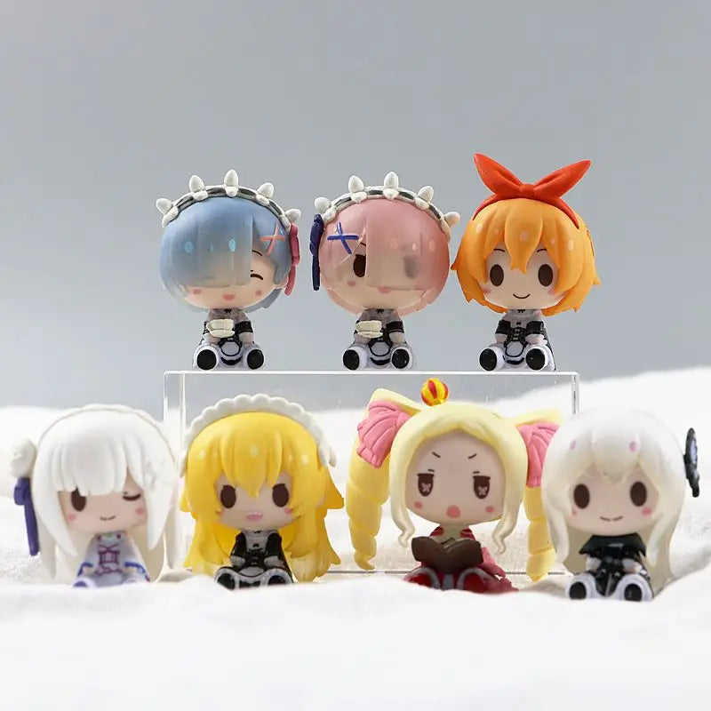 7pcs/set Anime Ram Rem q-version kawaii Sitting posture Action Figure PVC Model Statue Toys Doll Desk Decor Collectible Gifts