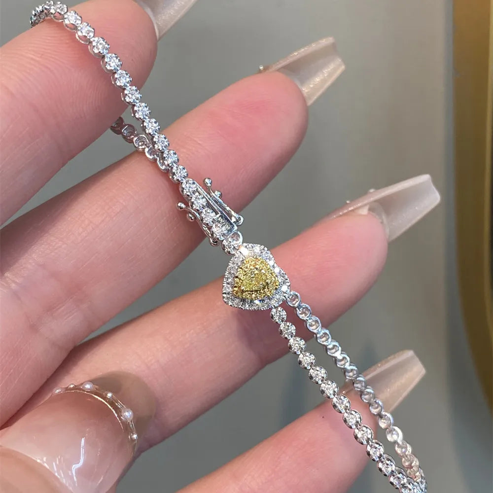 Shelly Echt 18 Karat Weißgold Au750 Schmuck Liebesherz-Design Natürliche gelbe Diamanten Tennis-Charm-Armbänder für Frauen Geschenk