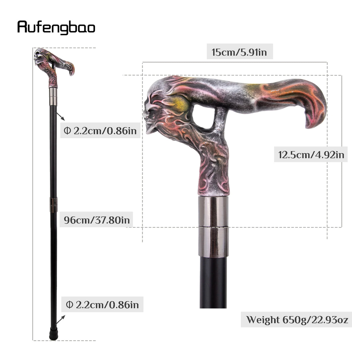 Silver Resin Long Head Skull Colorful Cane Fashion Decorative Steel Stick Gentleman Elegant Cosplay Cane Knob Crosier 96cm