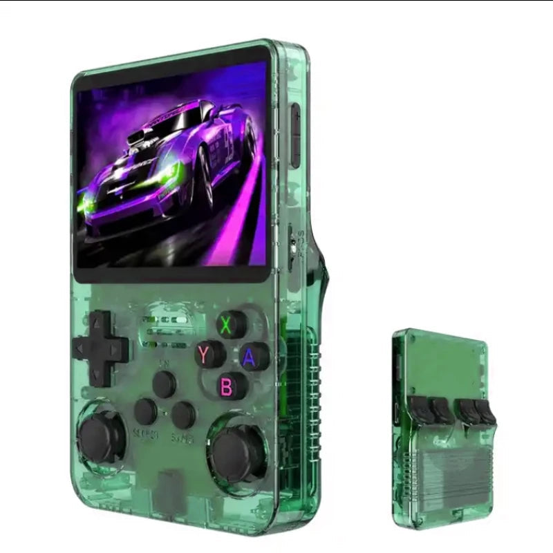 Green handheld gaming console with transparent design and screen displaying a car game.