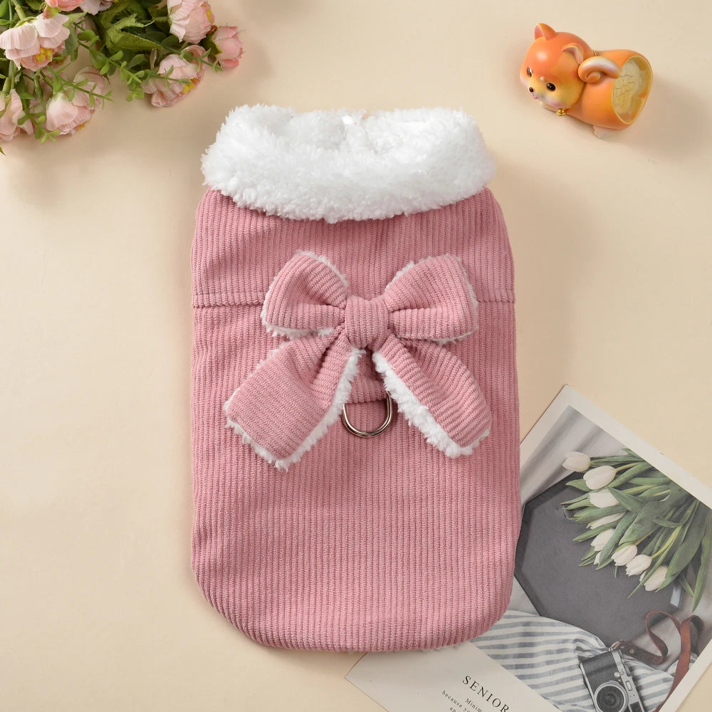 Fleece Dog Coat Winter Warm Pet Clothes For Small Medium Dogs Vest Jacket With Bow D-ring Puppy Costume Sweater Yorkie Apparel