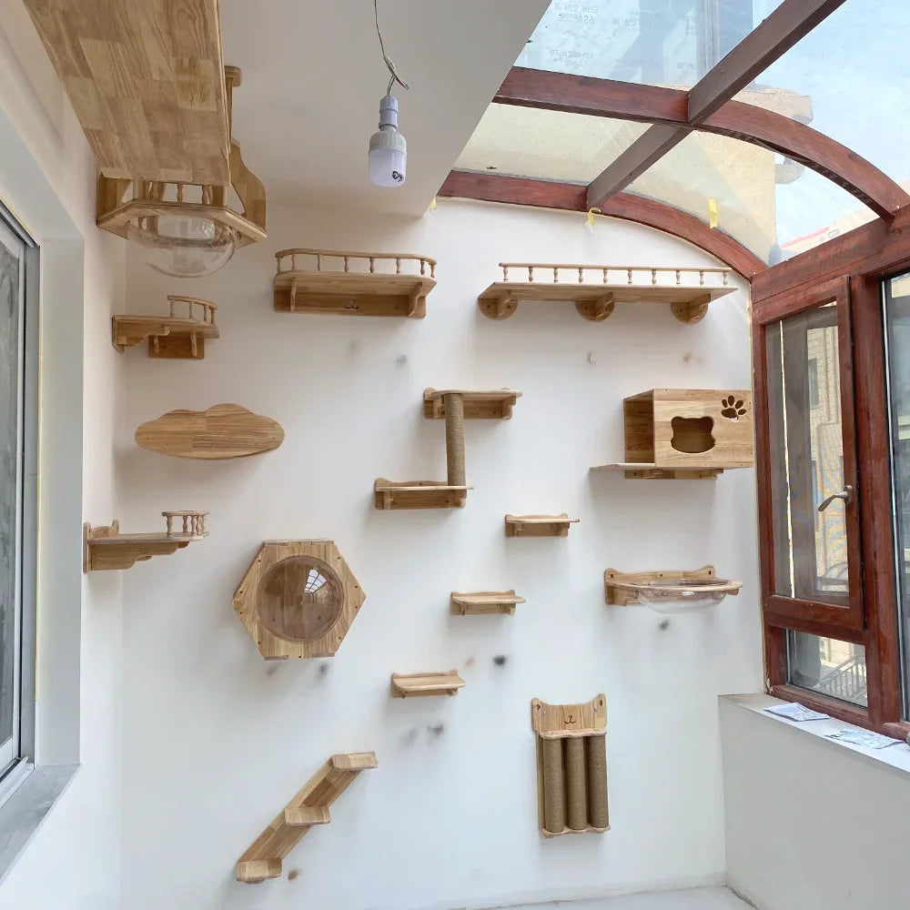 Cat Climbing Shelves Wall Mounted Cat Tree Cat Scratching Post Climbing Perches Hammock Steps for Cat Sleeping Playing and Rest