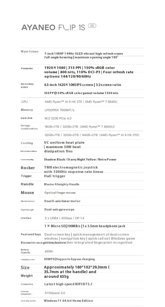 Flip 1S DS Flip Game Console 7" 1080P 144Hz OLED Screen Portable Handheld Console HX370 8840U Dual Screens Game Machine