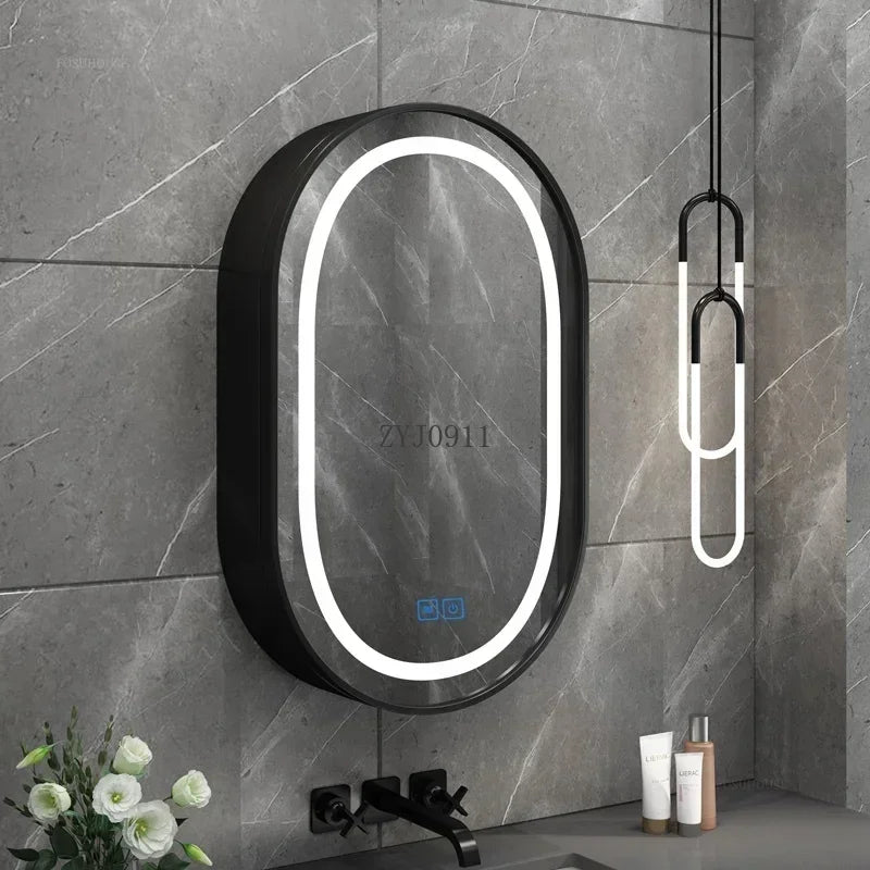 Nordic LED Smart Bathroom Mirror Cabinets Solid Wood Oval Bathroom Wall Hanging Round Vanity Mirrors with Storage Shelf b