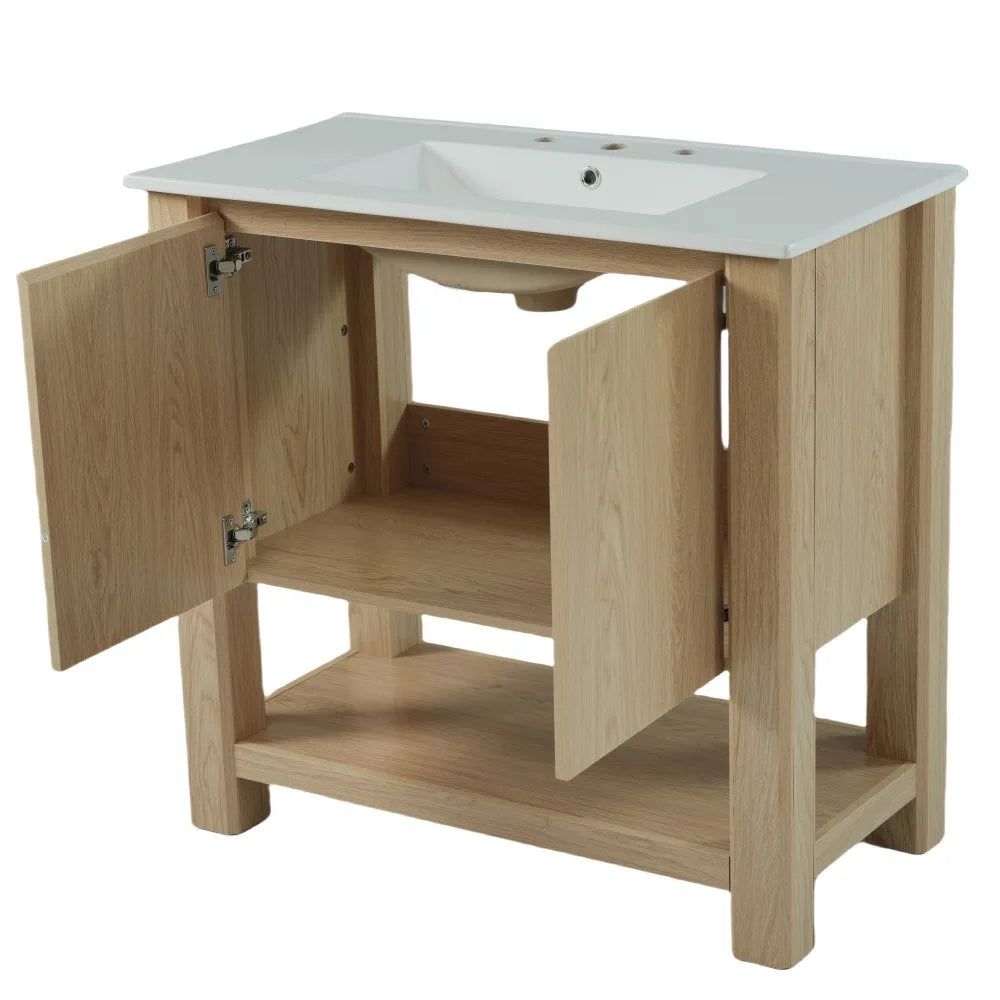 36" Modern Bathroom Vanity with Rectangle Ceramic Sink, Bathroom Cabinet with Large storage space and 45 Degrees Free-Handle