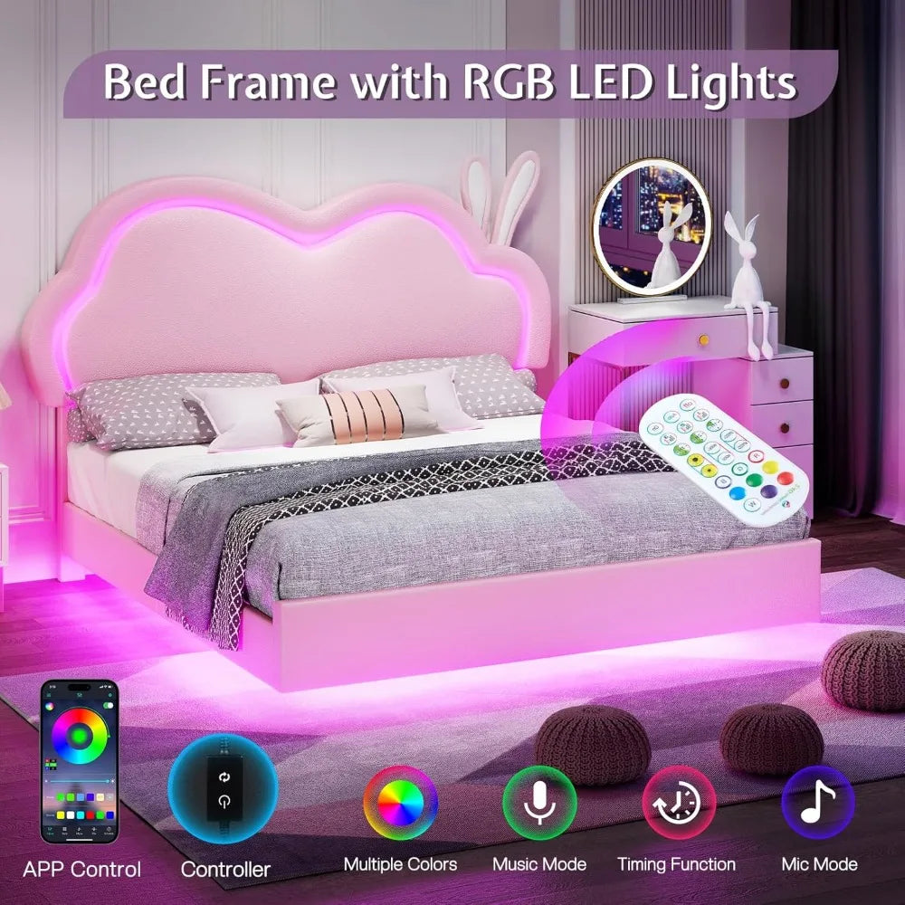 Pink Leather Upholstered Floating Bed Frame with Cute Cloud Headboard for Girls - No Box Spring Needed