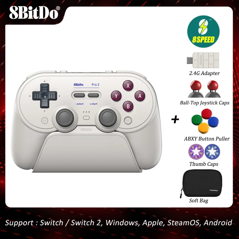 8BitDo Pro 3 Bluetooth Controller for Nintendo Switch 1/2, Windows, Apple, SteamOS, Android with TMR Joysticks, Charging Dock