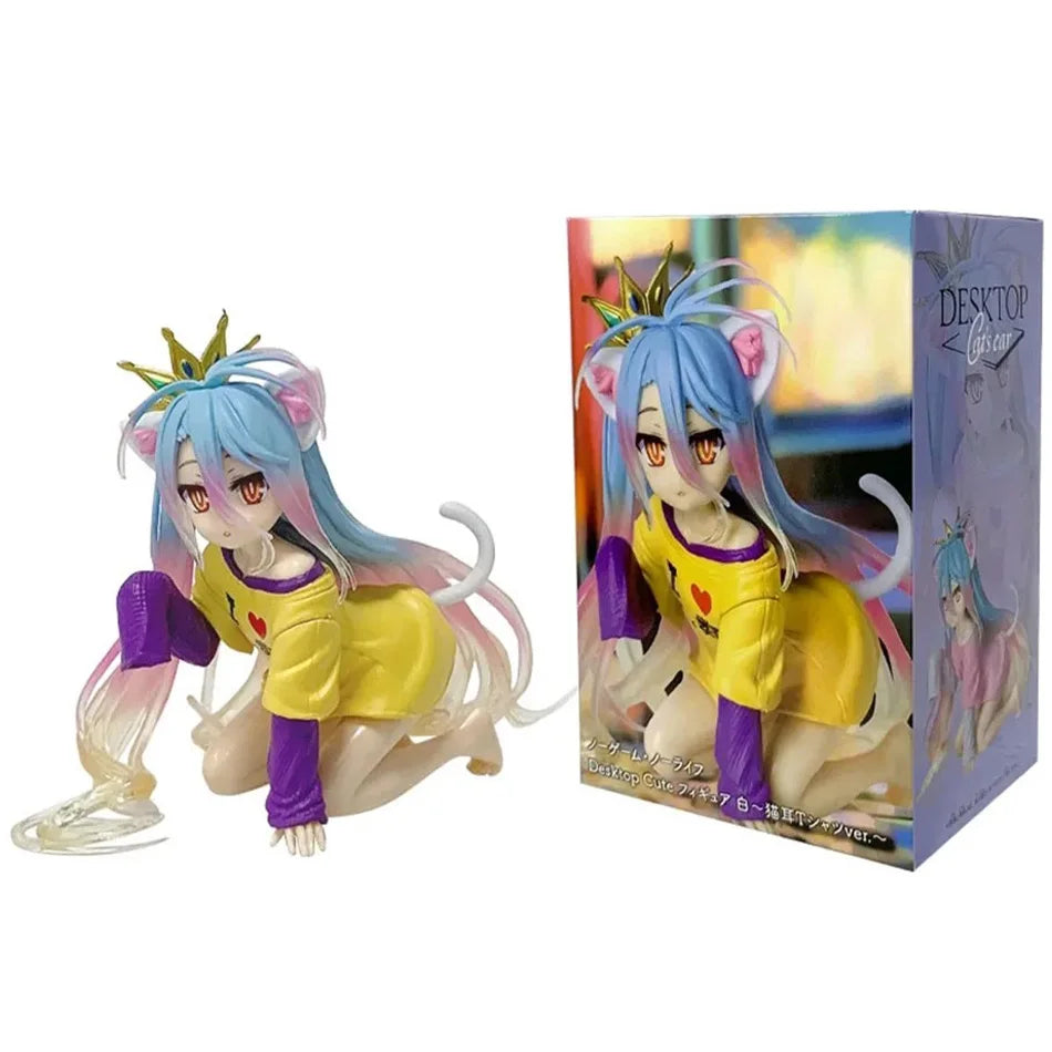 In stock anime no game no life: zero shiro desktop cute white figure for cat ear t-shirt 10cm model toy figure ornaments present