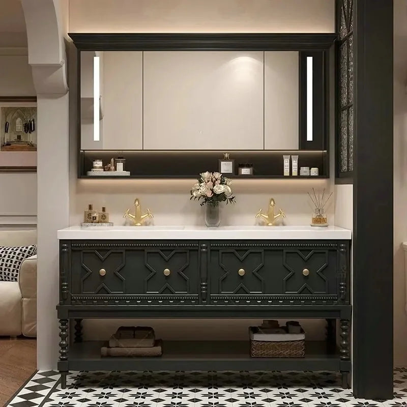 Customized Solid Wood Bathroom Vanity with Sintered Stone Sink, Toiletries Storage, and Smart Mirror Cabinet Package