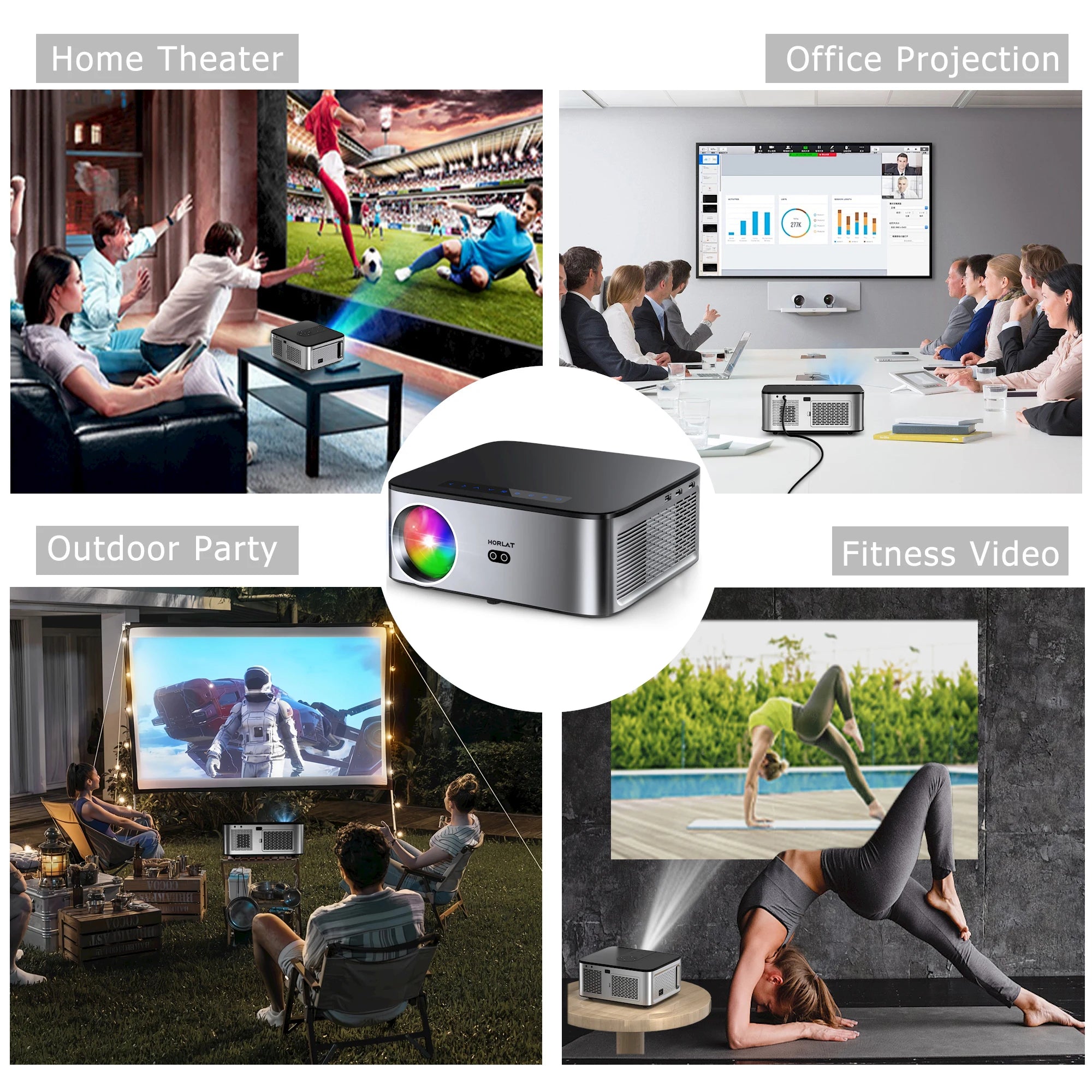 HORLAT New 1600Ansi Beamer Android 4K Outdoor Projector 32GB Rom Full HD 1080P 8K Video Home Theater Auto Focus Keystone 5G WiFi
