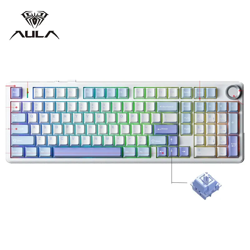 AULA F99PRO Gaming Mechanical Keyboard 99 Key Three Mode Wireless Hot Swappable Gasket Structure Custom Keyboard with Media Knob