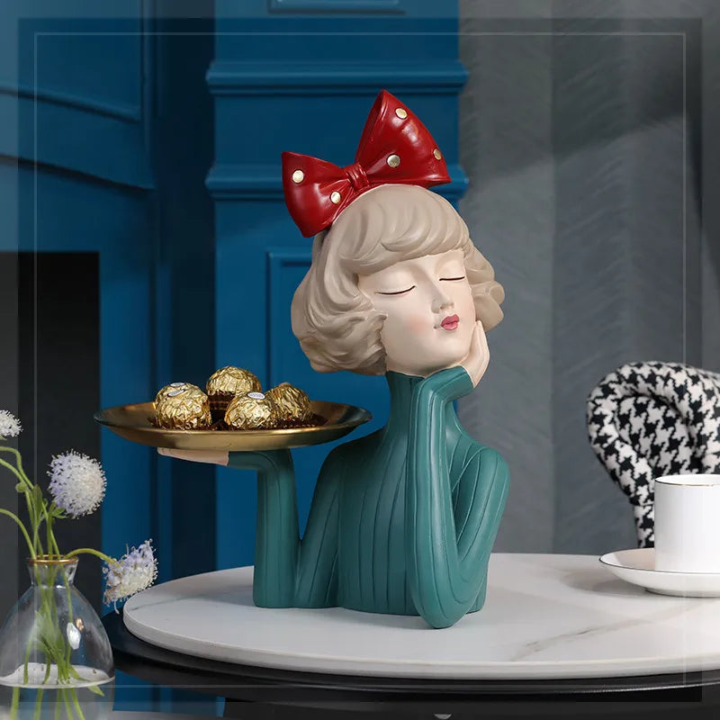 Modern Bow Girl Statue for Entrance Key, Storage Tray, Ornaments,Home Decor Crafts, Figurines,Snacks Candy Storage Tray, Gift