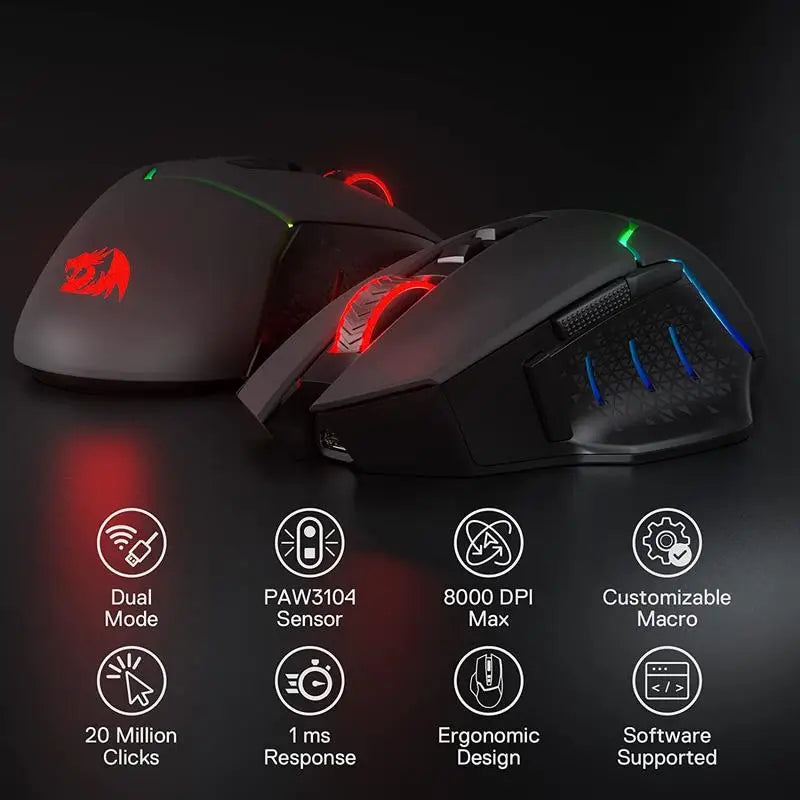 Redragon M690 PRO Kabellose Gaming-Maus, 8000 DPI, kabelgebundene Maus, Rapid Fire Key, 8 Makro-Tasten für PC/Mac/Laptop, schwarz/weiße Maus