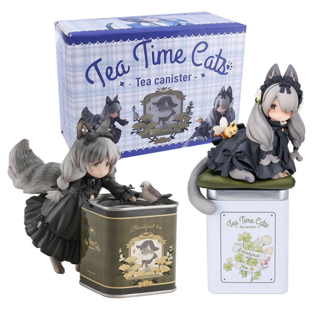 12cm Tea Party Cat Anime Figure Q Version Kawaii Tea Time Cats Tea Pot Cat Action Figure Collection Model Ornaments Toys Gifts