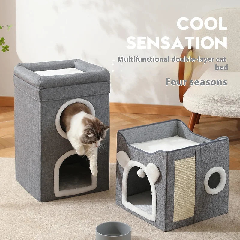 Doppellagiges Katzenbett, faltbares Haustierhaus, warm, halbgeschlossen, groß, waschbar, leicht zu reinigen, die ganze Saison über