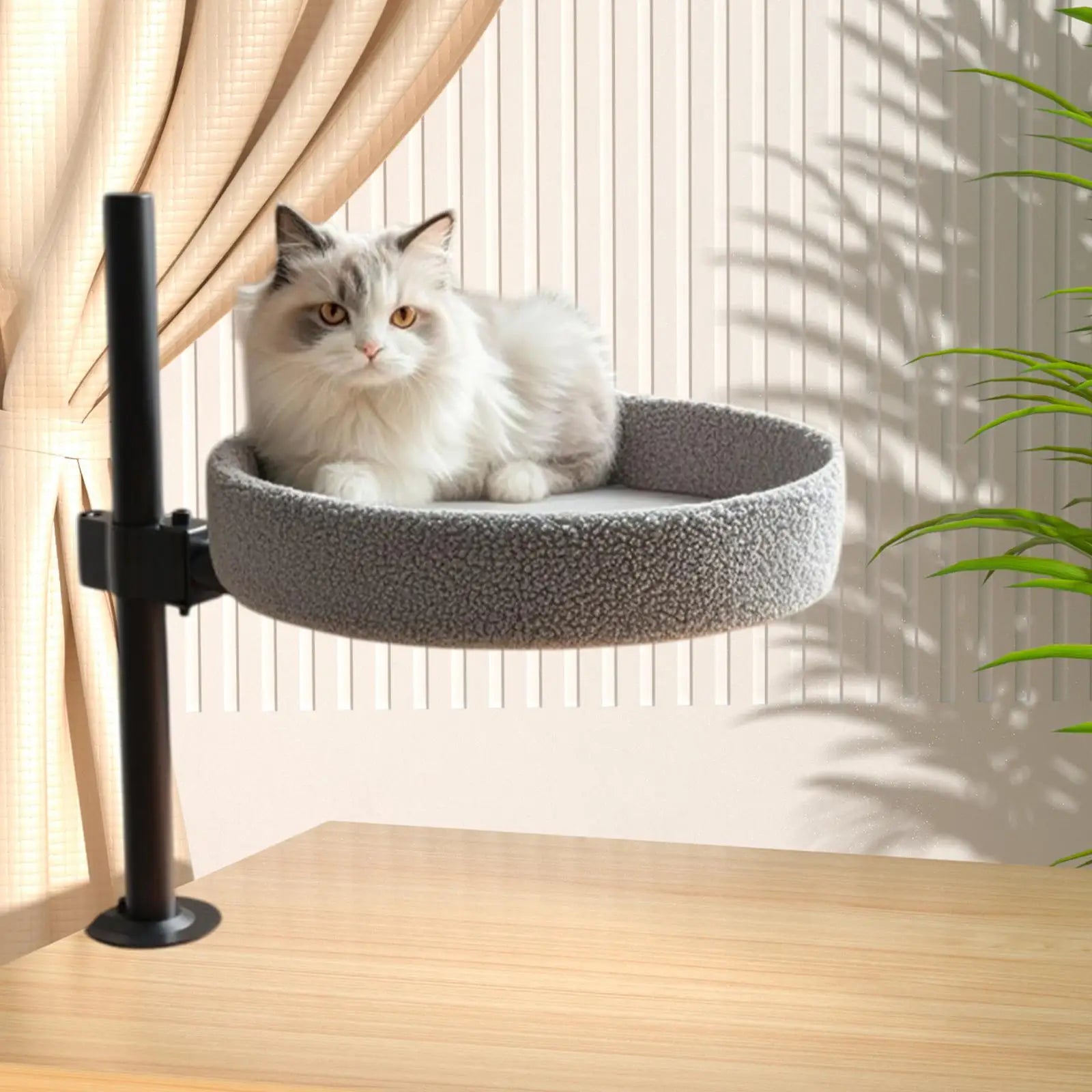 Cat Desk Bed Cat Hammock Elevated Round Sturdy Bed 360° Rotation Cat Nest Kitten Furniture for Home Office Clamping Table