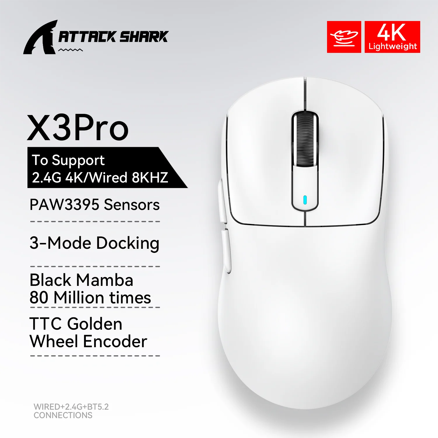 Геймърска мишка Attack Shark X3 Bluetooth, PixArt PAW3395, 26000dpi, 2.4g безжична трирежимна връзка, лека макро мишка
