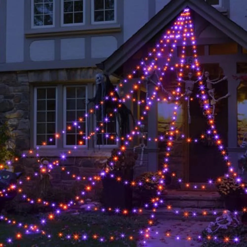 Practical 8 Modes Halloween Spider Web Lights Glow 250 LEDs LED Spider Net Hanging 5m Scary Giant Spider Haunted House