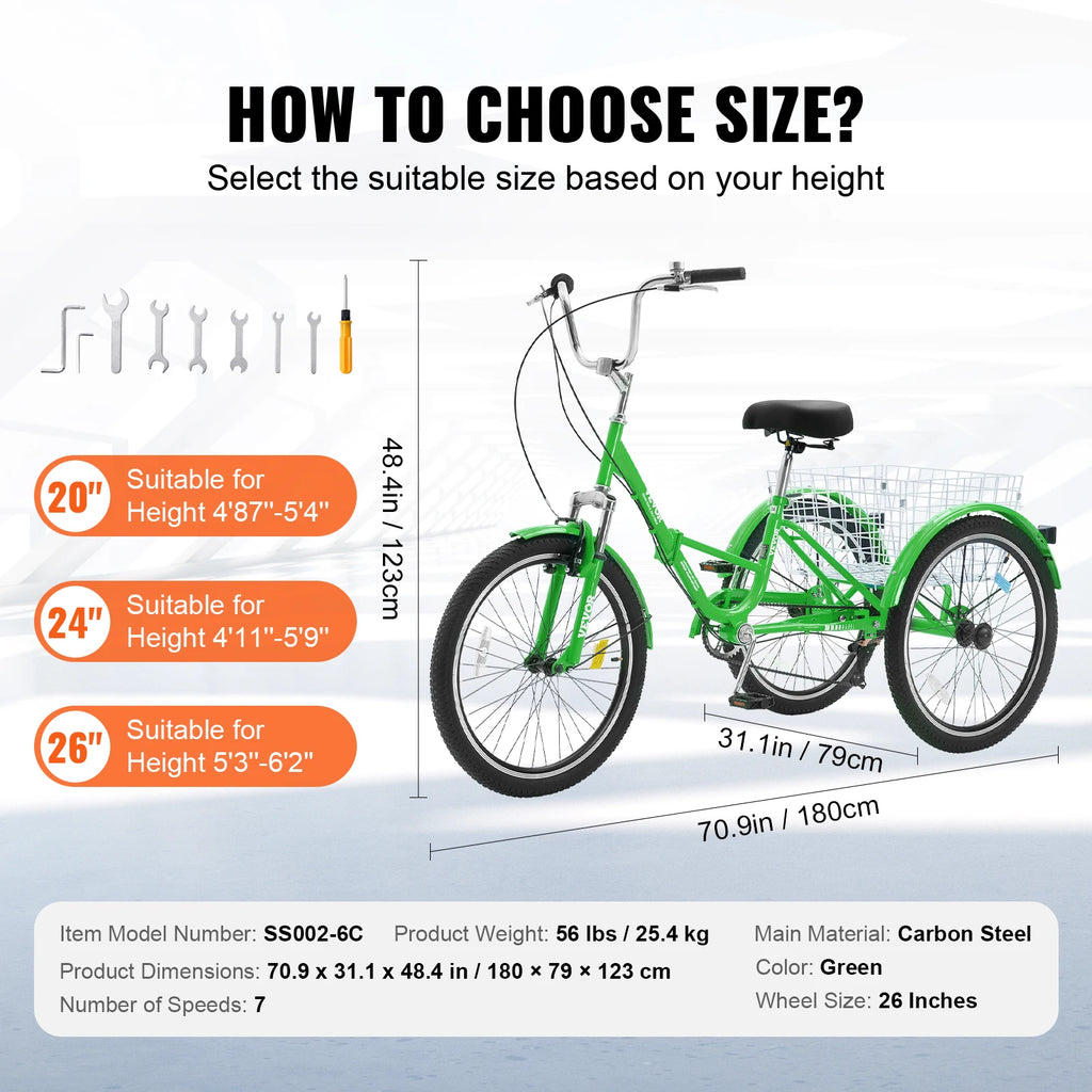 SucceBuy 20-26inch Folding Adult Tricycle 7 Speed Carbon Steel 3 Wheels with Basket Adjustable Seat Shopping Picnic For Seniors