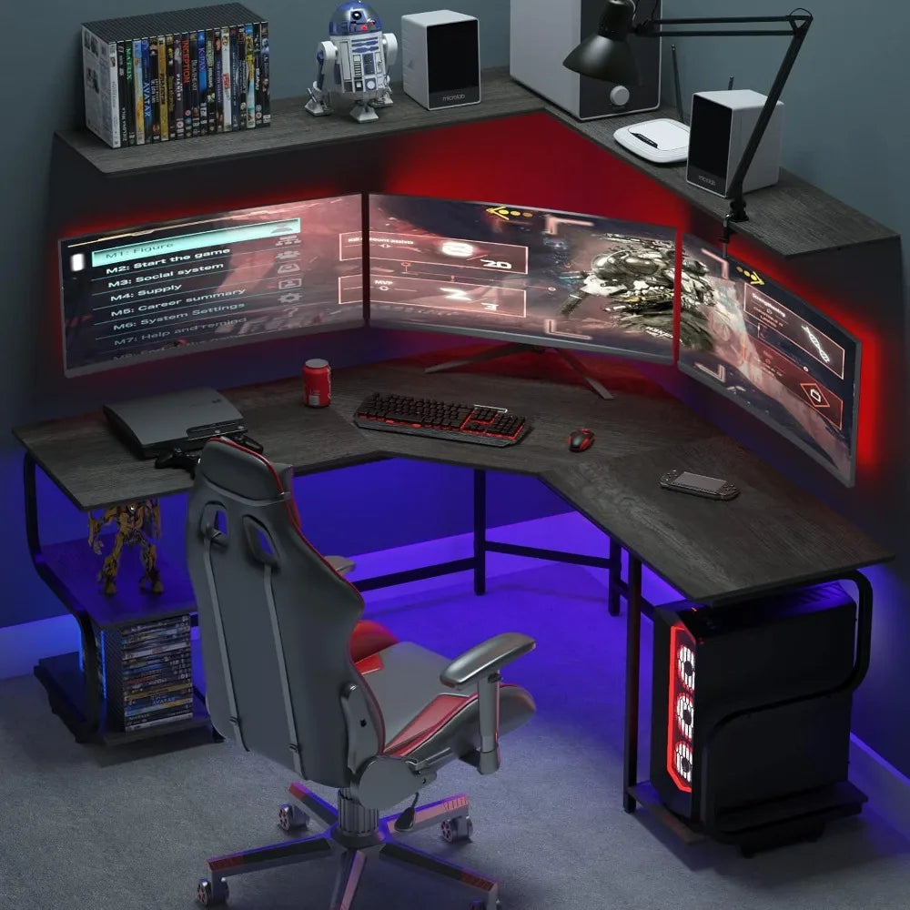 Modern L Shaped Desk with Shelves,64.84" Gaming Computer Desk for Home Office,Corner Desk with Desktop (Black Oak+Black Frame,