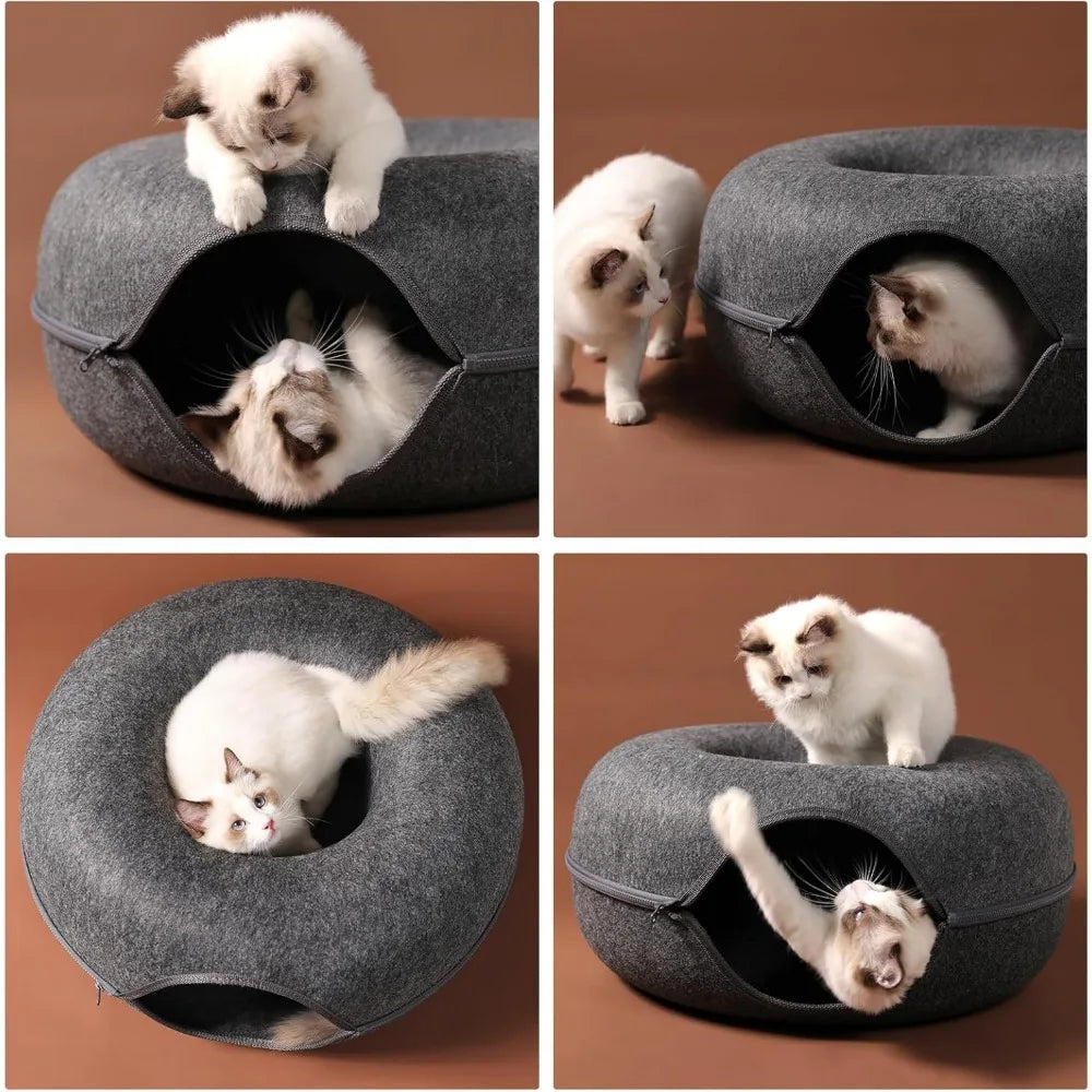Cat Tunnel,Peekaboo Cave Bed for Indoor Cats,Donut Tunnel for Pet Cat House,Detachable Round Felt & Washable Interior Play Tunne