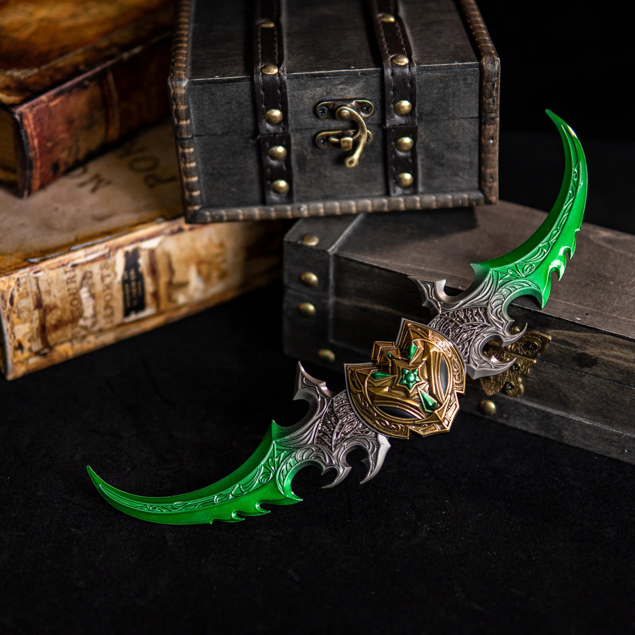 Premium 27cm Twin Blade of Azzinoth Replica, Heavy 220g Illidan Warglaive, Green Fel Blade Metal WoW Model