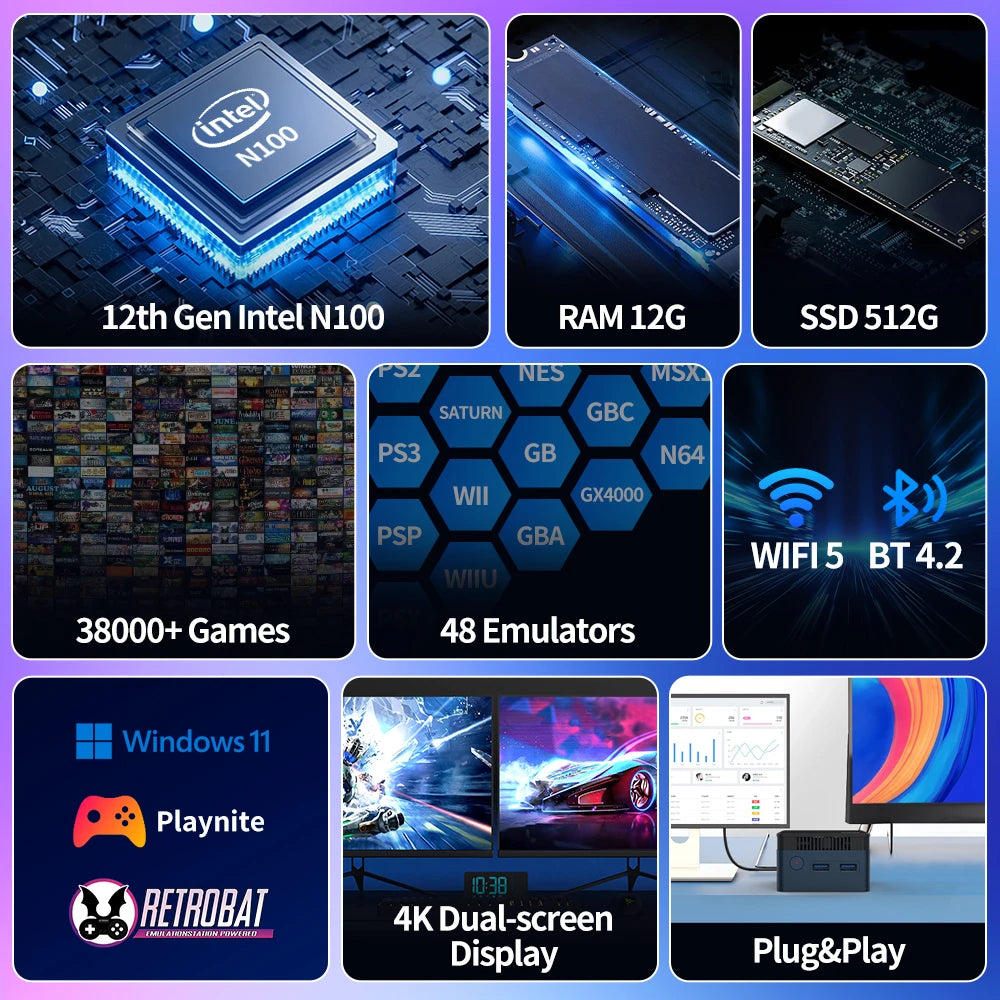 Mini PC With 38000+Games&48 Emulators Game Console For PS3/PS2/Wii/WiiU/N64/NES/NDS Windows 11&Retrobat&Playnite N100 Game PC