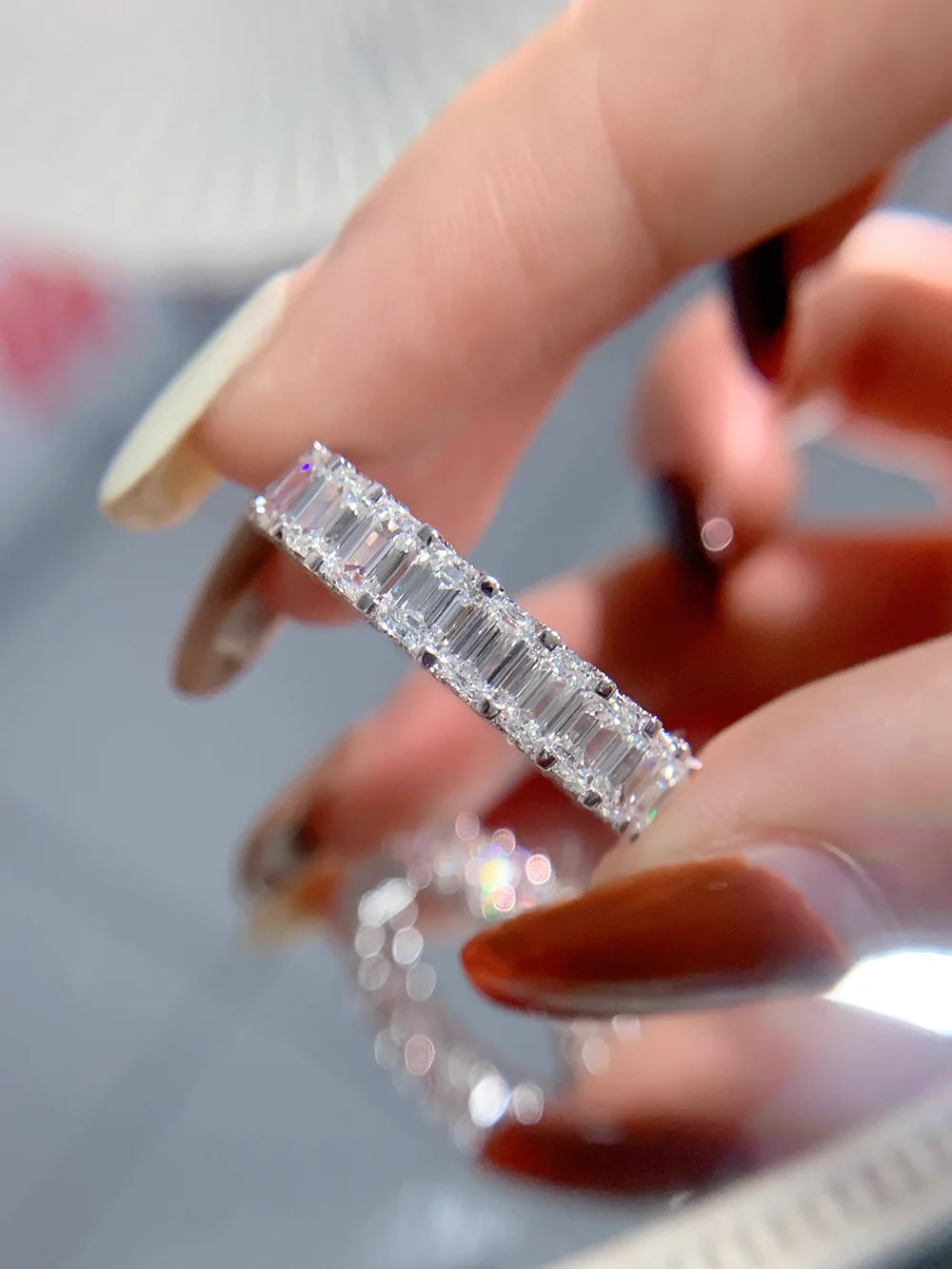 Custom Real Solid 18K White Gold Ring Women Engagement Anniversary Wedding Ring Emerald Moissanite Diamond Ring Eternity Trendy