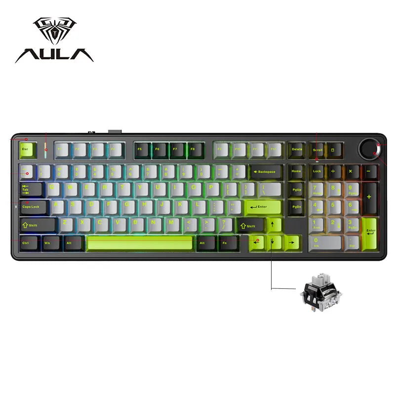 AULA F99PRO Gaming Mechanical Keyboard 99 Key Three Mode Wireless Hot Swappable Gasket Structure Custom Keyboard with Media Knob