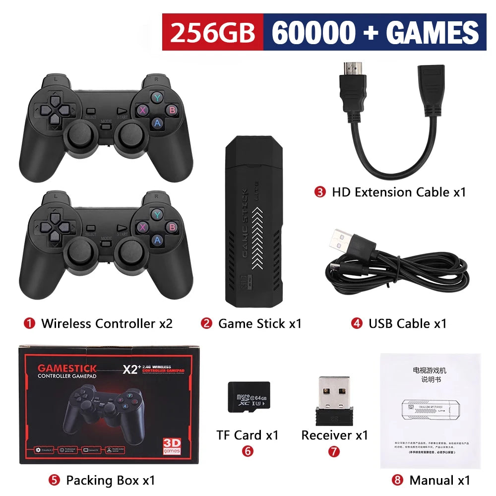4K HD Video Game Console 32/256G 60000+Games X2 Plus Game Stick 2.4G Double Wireless Controller Game Stick For N64/PSP/PS1/GBA