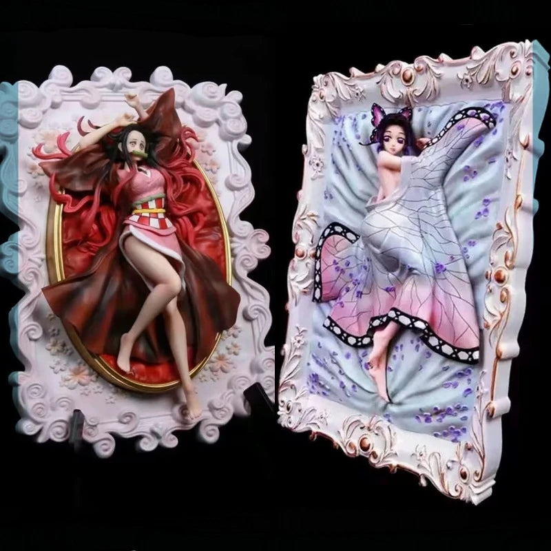 33 cm große Demon Slayer Kochou Shinobu Kamado Nezuko Anime-Mädchenfigur, 3D-Fotorahmen-Statue, Sammlerstück für Jungen, Ornament, Puppe, Spielzeug