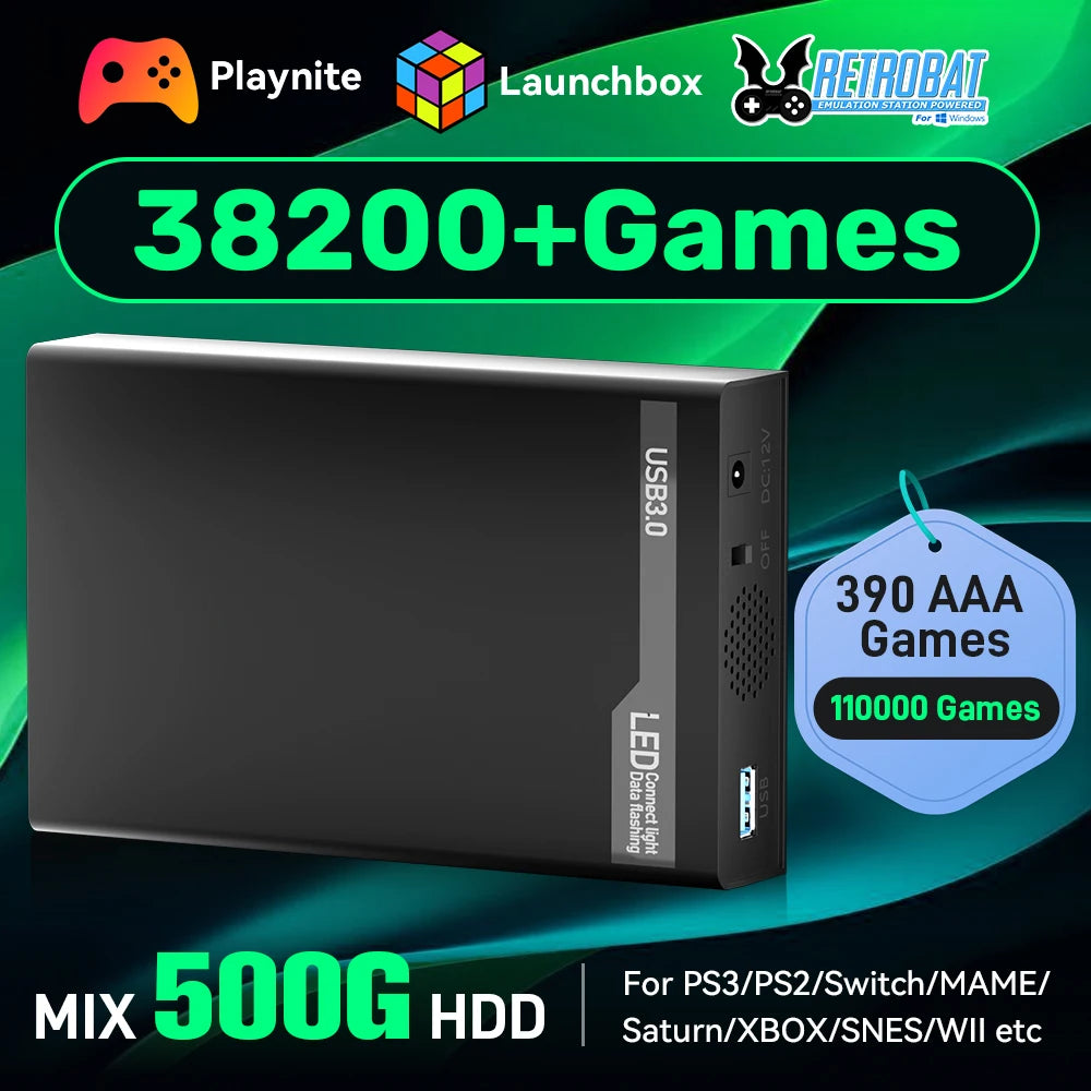 MIX500G Spielfestplatte mit über 38200 Retro-/PC-Spielen, Plug &amp; Play-Spielkonsolen für PS3/PS2/Switch/SNES/XBOX/N64/WII/GBA für Windows