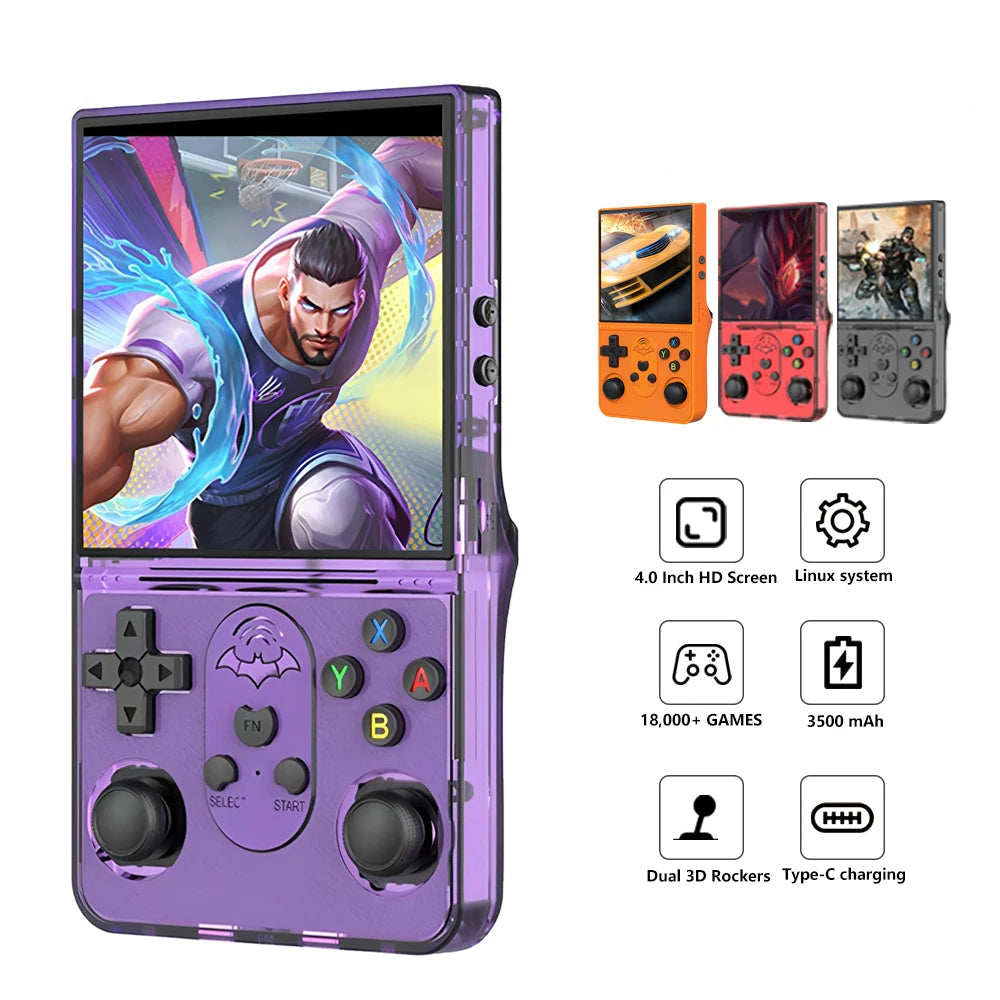 Handheld gaming console with purple casing displaying a character on screen, surrounded by feature icons and text.